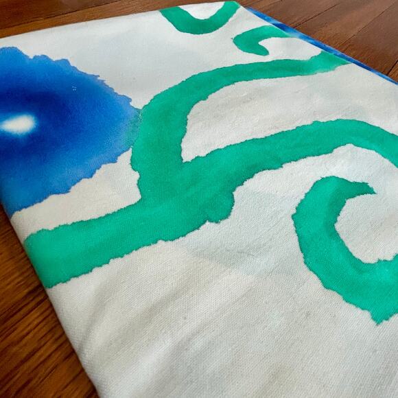 Hand Dyed Cotton Tablecloth on White Background – Blue & Green Tie Dye Design - Picture 8 of 13